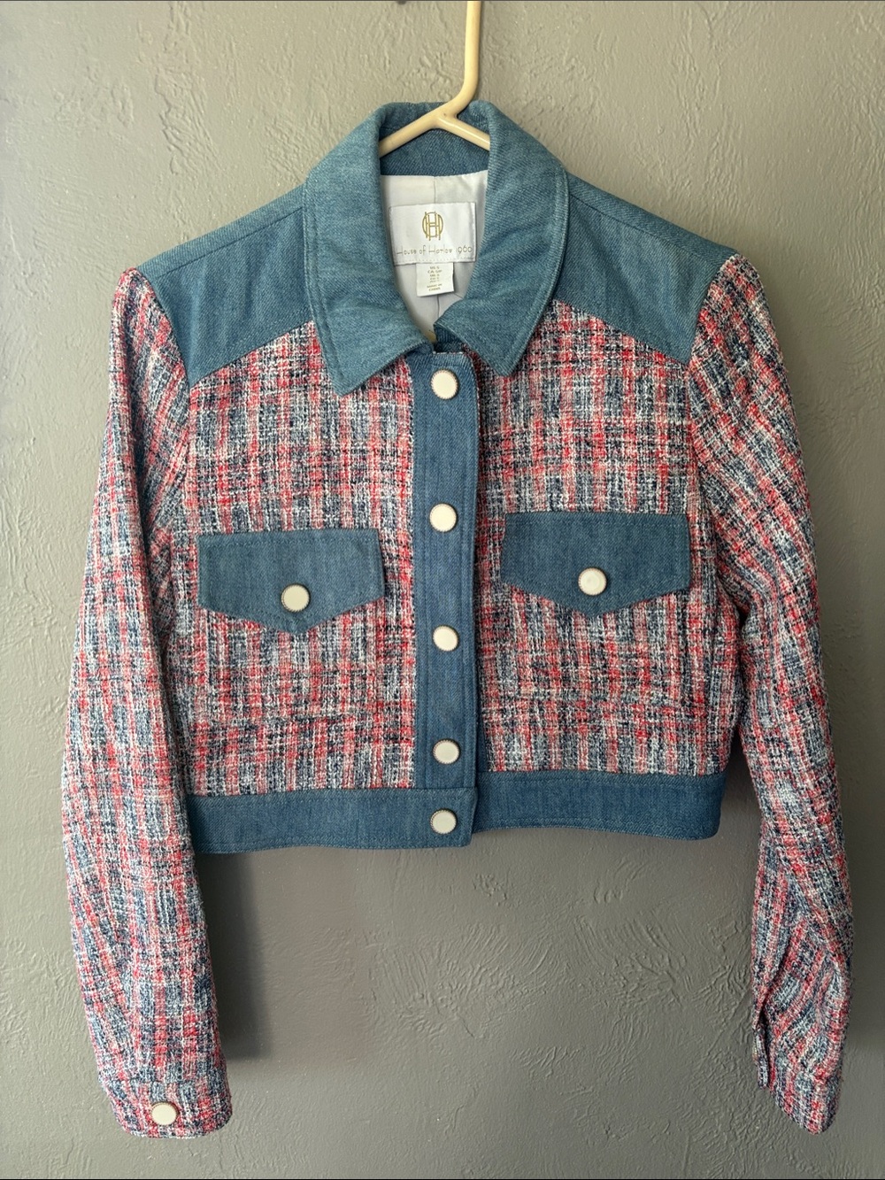 House of Harlow 1960 Pink & Blue Tweed Cropped Blazer with Denim Trim